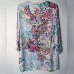 Soft Surroundings Multicolor Beaded Floral Tunic Top Resort Cruise Vacation Boho